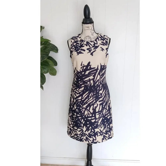 Taylor Abstract Print Sheath Dress Cokctail Party Size 8 Navy Cream Sleeveless - Picture 1 of 8